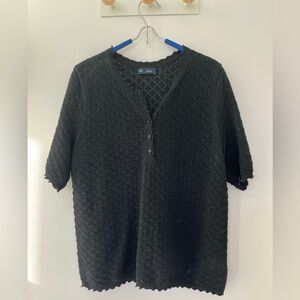 GAP Black Crochet Short Sleeve Henley Sweater